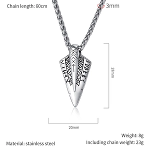 Detailed size view of Viking rune arrow pendant with 60cm stainless steel chain