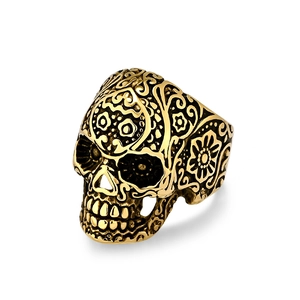 Vintage Totenkopf Ring in Gold mit aufwendiger Blumen-Gravur im Retro-Punk-Stil