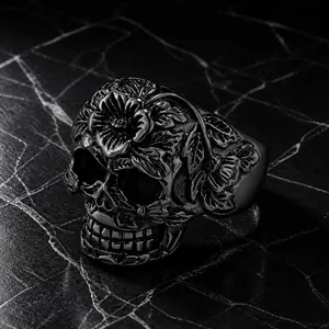 Vintage Gothic Titanstahl Totenkopf Ring Für Herren Geschnitzte Blumen Punk Rock Biker Ring Sugar Skull Schmuck Geschenk