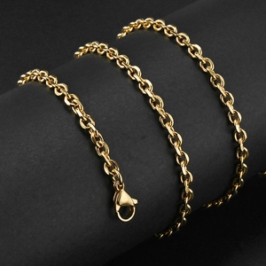 Polished gold rolo chain detail with a secure lobster clasp and smooth metallic finish
