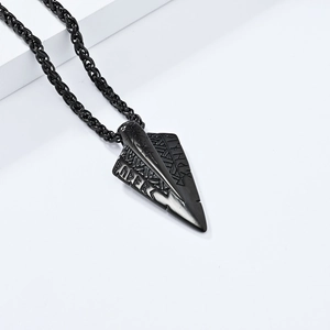 Vintage Nordic Viking rune arrowhead pendant in black titanium steel with woven chain