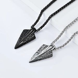 Arrowhead pendant necklace with Nordic Viking runes in silver and black stainless steel