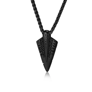 Nordic Viking Rune Arrowhead Pendant Necklace Vintage Stainless Steel Engraved Runic Cultural Jewelry For Men Silver Black