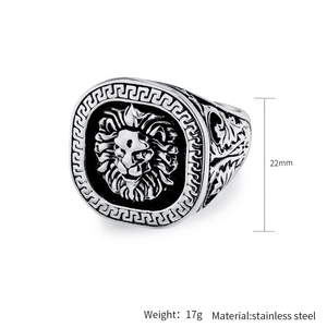 Macro shot of vintage lion head ring in stainless steel with dimension and weight labels