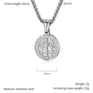 Detailed view of Saint Benedict coin pendant with 60cm stainless steel chain and dimensions