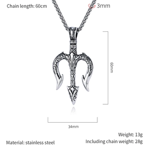 Detailed specs of stainless steel Poseidon trident pendant with 60cm braided chain necklace