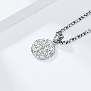 Saint Benedict religious medallion necklace in silver stainless steel with box chain