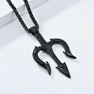 Retro black stainless steel Poseidon trident pendant necklace with ornate wheat chain