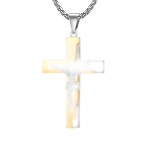 Two-tone gold and silver cross pendant necklace with silver box chain on white background