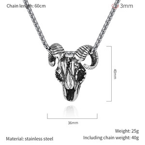 Detailed specifications of stainless steel goat skull necklace with size and weight info