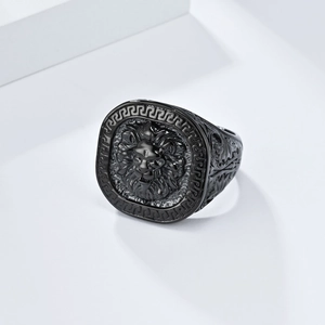 Mens vintage matte black stainless steel lion head signet ring with Greek meander border