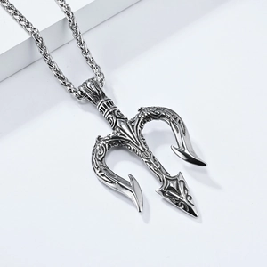 Men's retro Poseidon trident pendant necklace with vintage relief and silver box chain