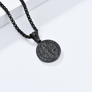 Saint Benedict medal pendant necklace in black stainless steel with a matching box chain