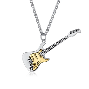 Electric guitar pendant necklace in silver and gold dual-tone stainless steel finish
