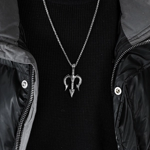 Men's silver Poseidon trident necklace in punk style made of polished stainless steel