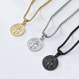 Saint Benedict religious medal necklaces in gold, silver, and black on square link chains