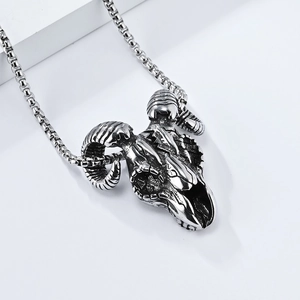 Vintage stainless steel goat skull pendant necklace in silver with a box chain