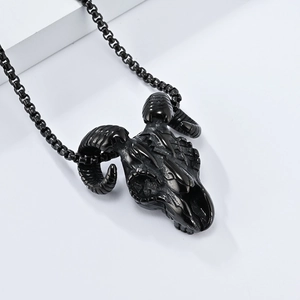 Gothic skull goat head pendant necklace in matte black stainless steel on white background