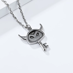 Vintage stainless steel devil key pendant necklace with punk style alien horn design