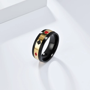 Bague rotative en acier inoxydable poli avec motifs de poker dorés anti-stress