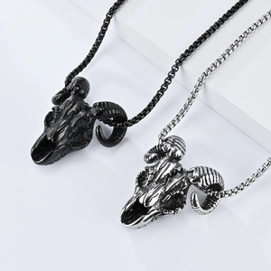 Gothic goat skull pendant necklace in matte black and polished silver stainless steel
