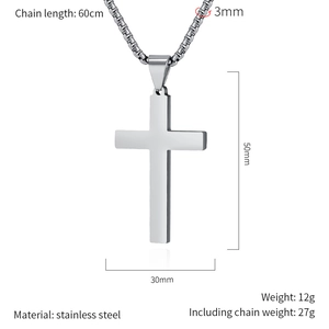 Detail view of a 50x30mm silver stainless steel cross pendant with 60cm chain dimensions