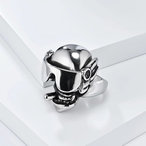 Bague crâne punk pour homme avec cigare et lunettes en acier inoxydable poli argenté