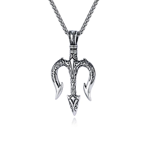 Nordic Poseidon trident pendant necklace with vintage silver finish and wheat chain