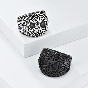 Détail des bagues Arbre de Vie Viking rétro en acier inoxydable argenté et noir