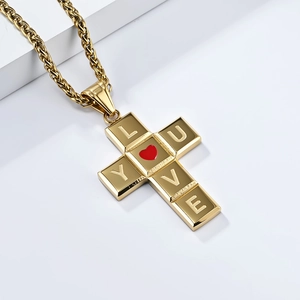 Collier avec pendentif croix dorée en acier inoxydable et lettres I LOVE YOU cœur rouge