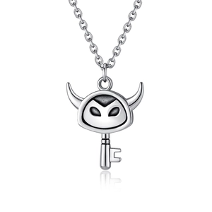Vintage devil key pendant necklace in oxidized stainless steel with unique horned design