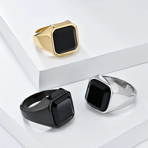 Set of three square black onyx signet rings in gold, black, and silver polished steel