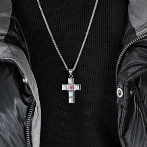 Pendentif croix puzzle en acier inoxydable poli avec cœur rouge pour femmes