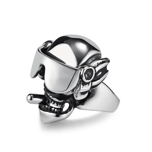 Bague tête de mort punk avec lunettes d'aviateur et cigare, en acier inoxydable vieilli