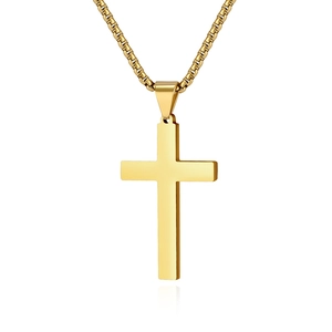 Polished gold stainless steel cross pendant necklace with box chain on white background