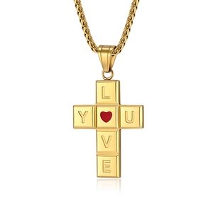 Collier croix en acier inoxydable doré avec pendentif cœur LOVE et chaîne blé