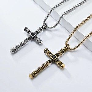 Retro stainless steel cross pendant necklace with skull carving and black center stone