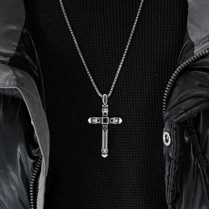 Retro stainless steel cross pendant necklace with black gemstone in gothic punk style
