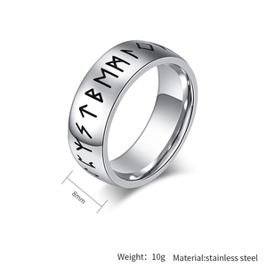 Detail of 8mm vintage Viking Runic ring in stainless steel with antique silver finish
