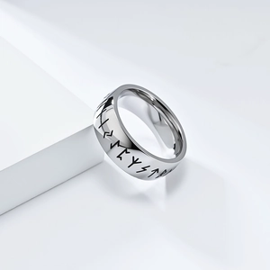 Vintage Nordic Viking Rune ring in silver stainless steel, polished wide band design