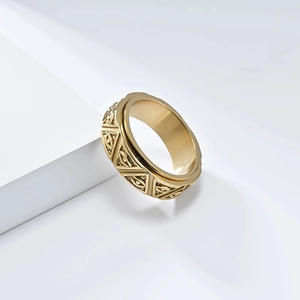 Detail of Eye of Horus rotating ring with triangular patterns on gold stainless steel