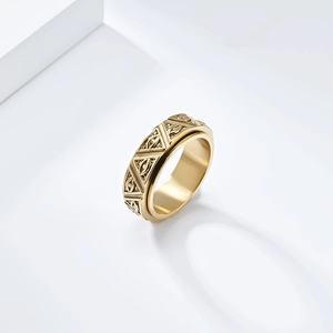 Detailed macro view of Eye of Horus relief on spinning golden stainless steel anxiety ring