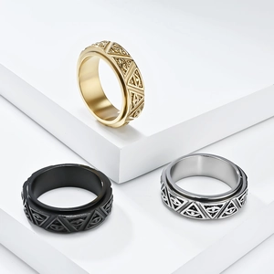 Stainless steel spinner rings with Eye of Horus engravings in gold, black, and silver