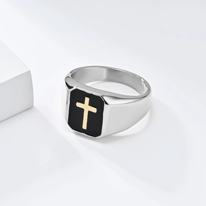Polished silver stainless steel ring for men with black enamel and gold cross design