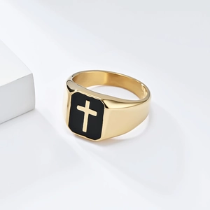 Men's gold-plated stainless steel signet ring with black enamel and cross symbol