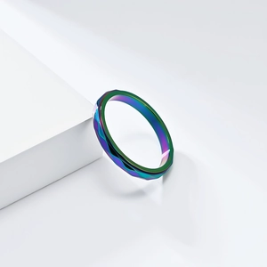 Macro detail of rainbow plated stainless steel ring with faceted diamond pattern