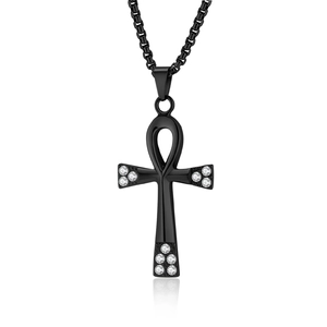 Pendentif croix Ankh noir vintage en acier inoxydable avec des strass étincelants
