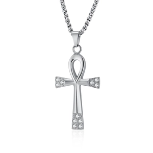 Pendentif croix Ankh en acier inoxydable argenté poli avec des zircons étincelants
