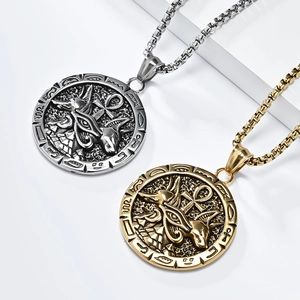Vintage Egyptian Anubis and Ankh cross steel pendant necklace in gold and silver finish