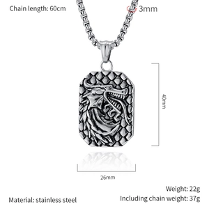 Detailed macro view of the dragon relief square pendant showing size and 60cm chain specs